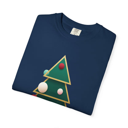 Geometric Festivity: Modern Christmas Tree Design, Minimalist Holiday Art T-shirt – Custom T-Shirt by PixelCraft360, unique decoration for events and special gifts