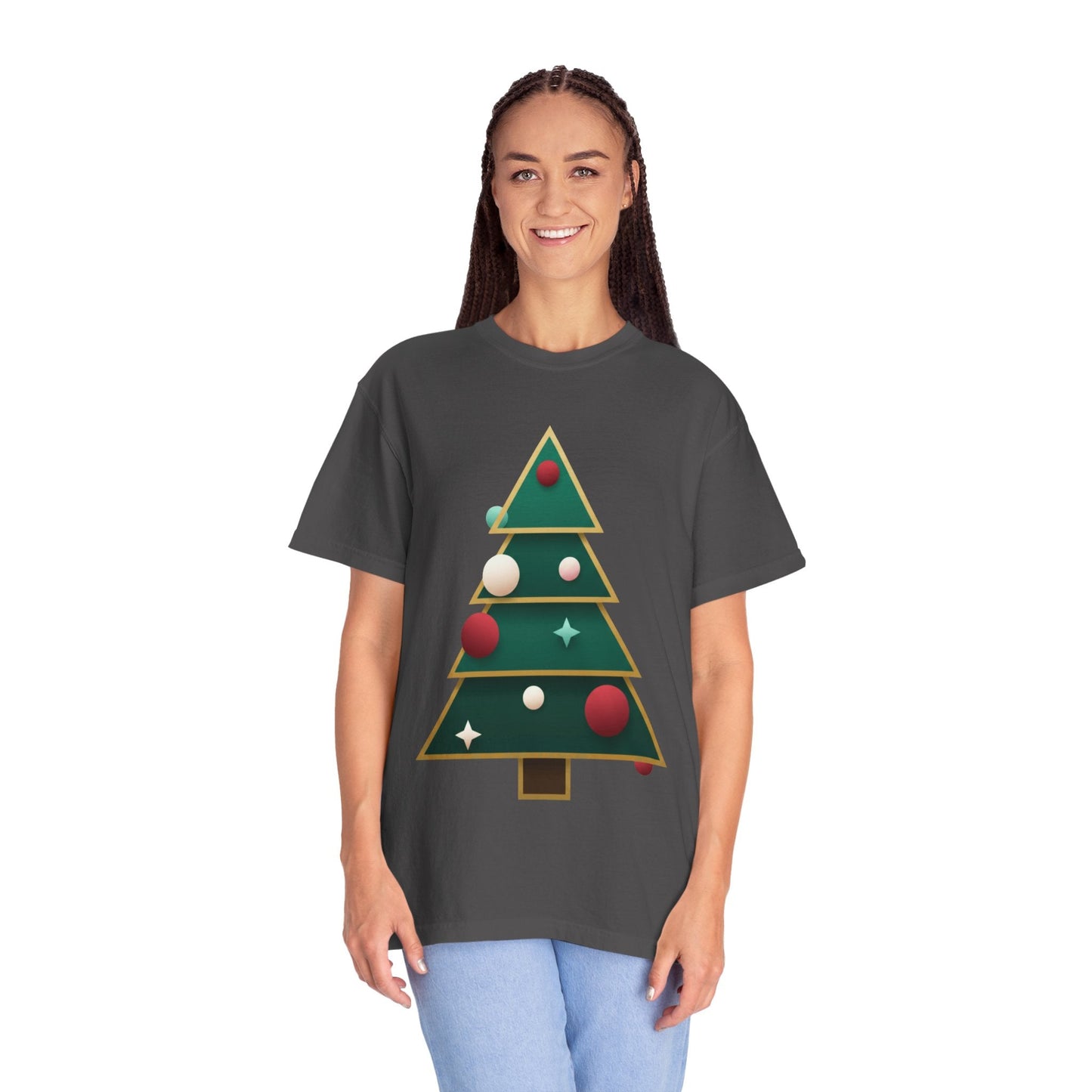 Geometric Festivity: Modern Christmas Tree Design, Minimalist Holiday Art T-shirt – Custom T-Shirt by PixelCraft360, unique decoration for events and special gifts