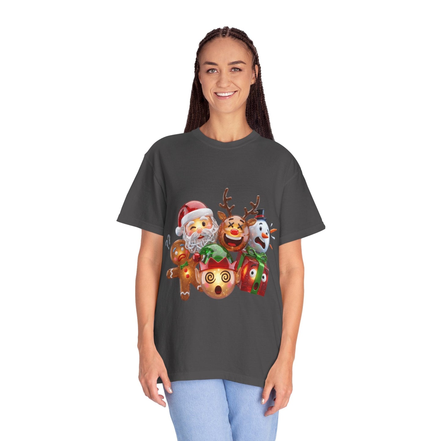 Glossy 3D Holiday Emoji Characters T-shirt | Santa Reindeer Snowman Gingerbread Elf – Custom T-Shirt by PixelCraft360, unique decoration for events and special gifts
