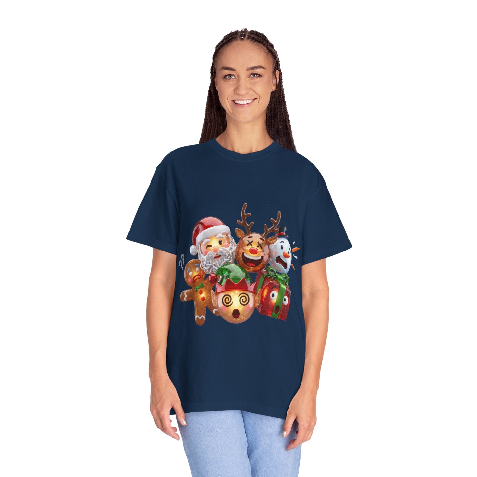 Glossy 3D Holiday Emoji Characters T-shirt | Santa Reindeer Snowman Gingerbread Elf – Custom T-Shirt by PixelCraft360, unique decoration for events and special gifts