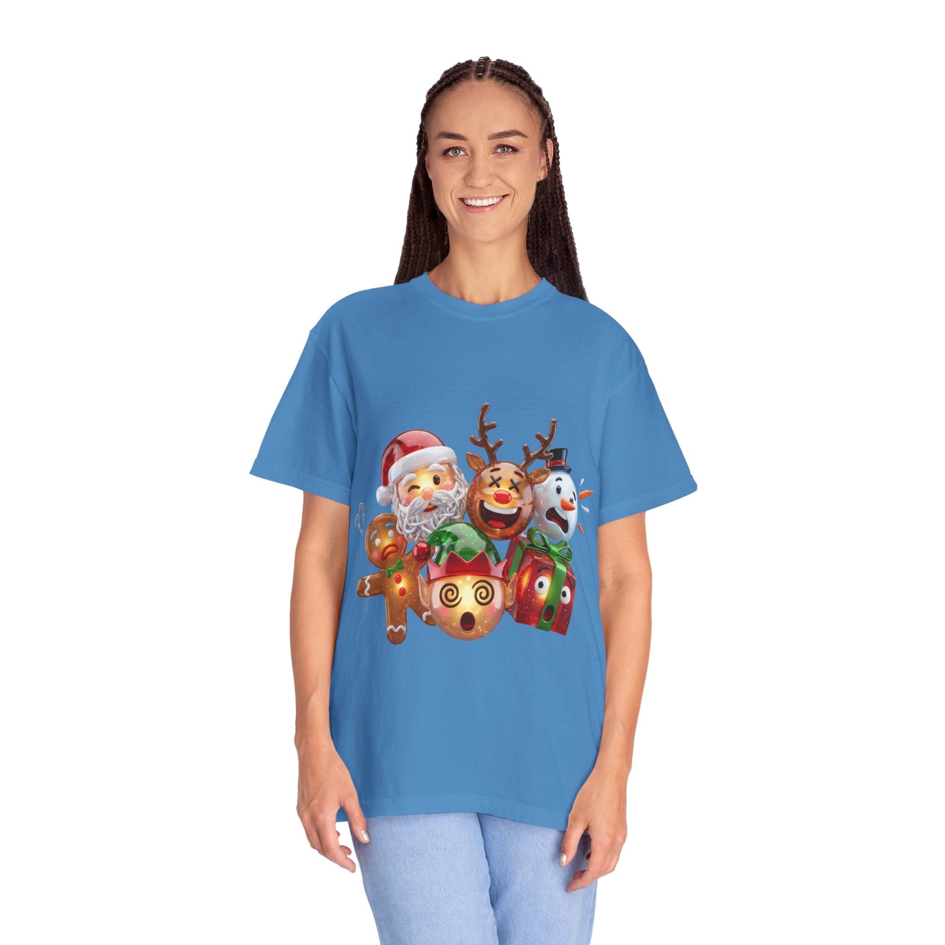 Glossy 3D Holiday Emoji Characters T-shirt | Santa Reindeer Snowman Gingerbread Elf – Custom T-Shirt by PixelCraft360, unique decoration for events and special gifts