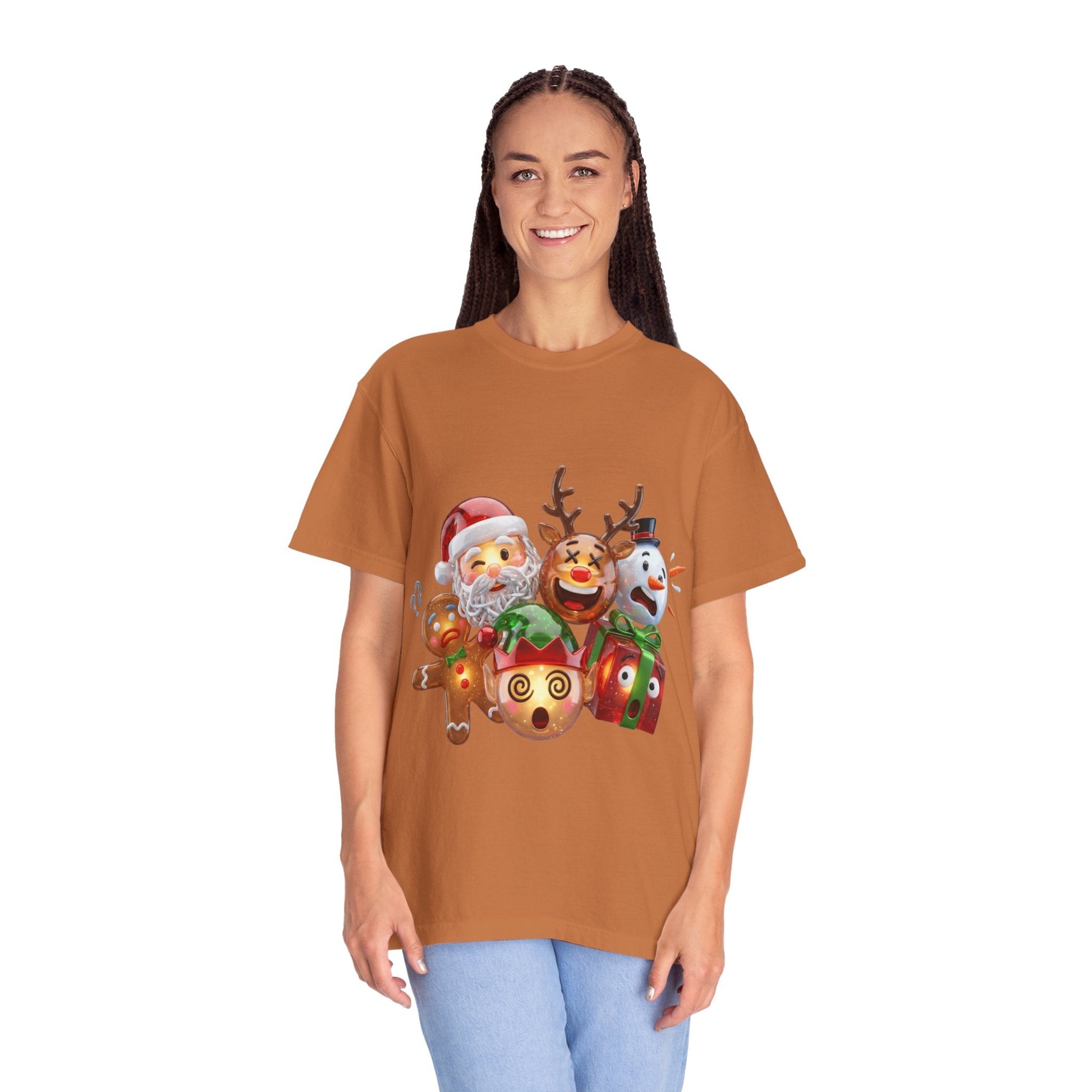Glossy 3D Holiday Emoji Characters T-shirt | Santa Reindeer Snowman Gingerbread Elf – Custom T-Shirt by PixelCraft360, unique decoration for events and special gifts