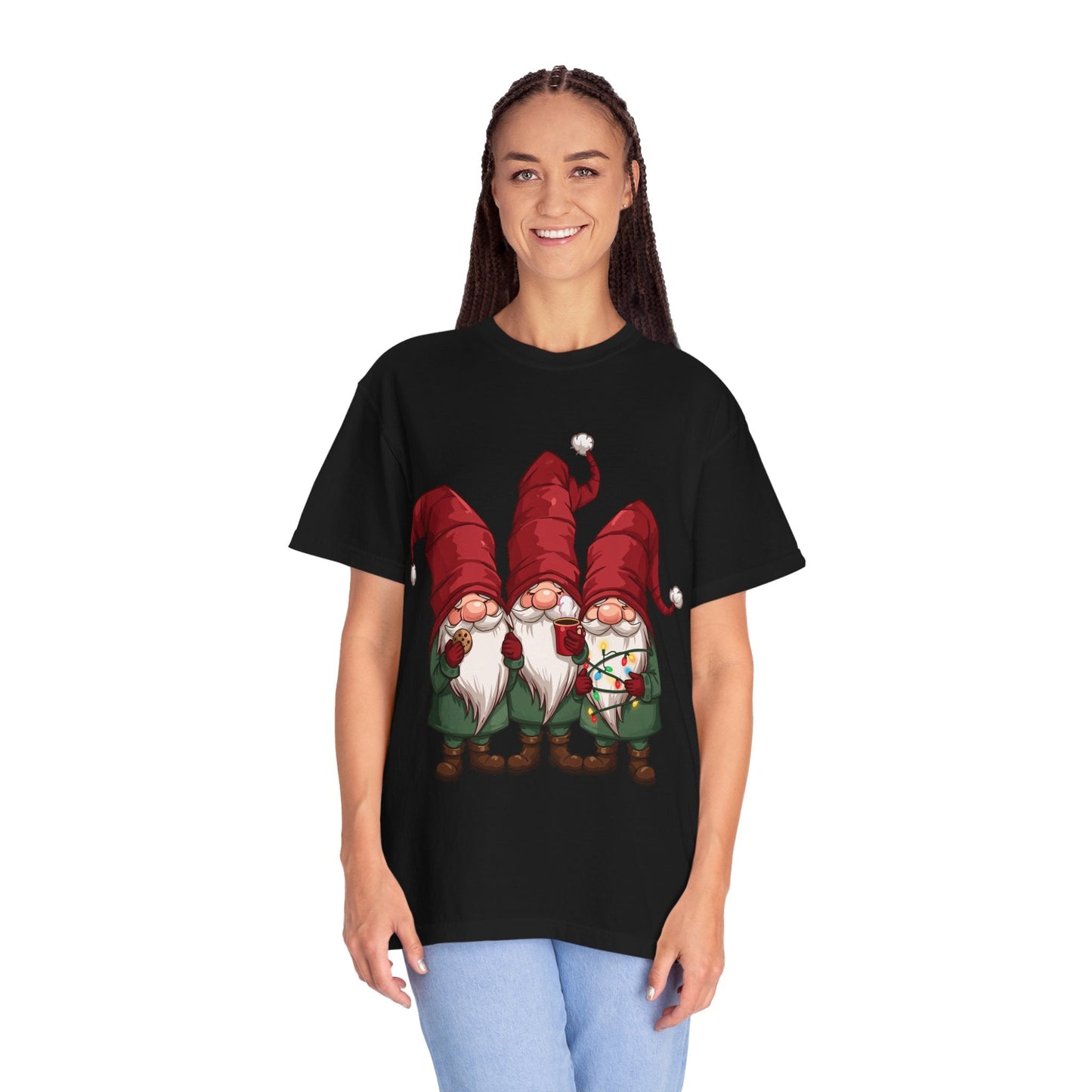 Gnome Sweet Gnome: Holiday Trio Illustration, Festive Digital ArtT-Shirt – Custom T-Shirt by PixelCraft360, unique decoration for events and special gifts
