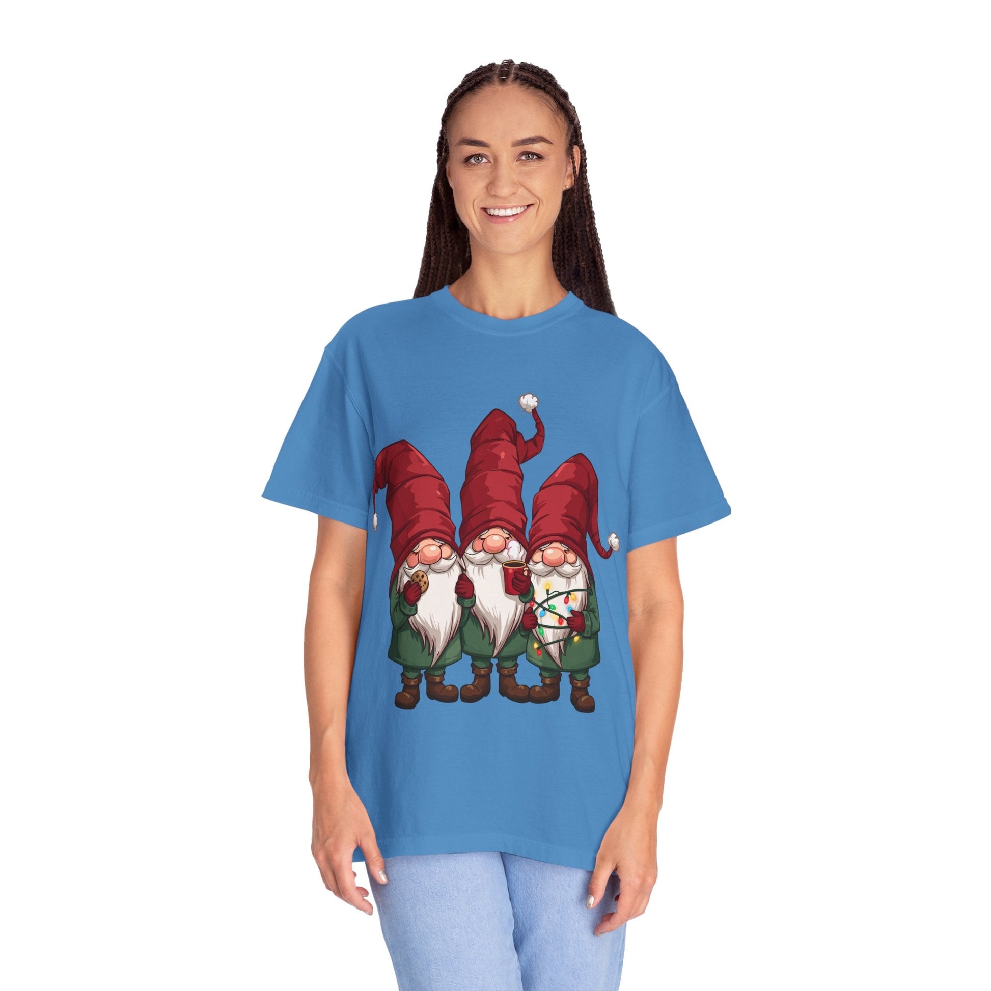 Gnome Sweet Gnome: Holiday Trio Illustration, Festive Digital ArtT-Shirt – Custom T-Shirt by PixelCraft360, unique decoration for events and special gifts