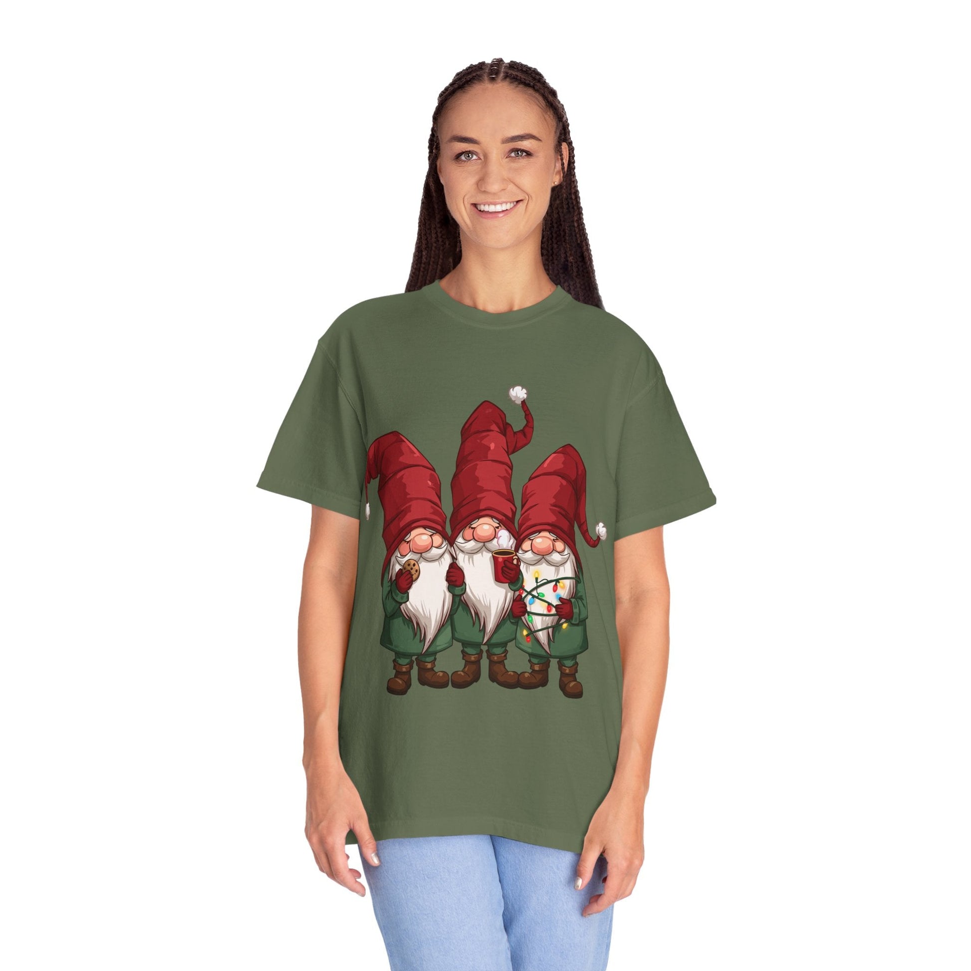 Gnome Sweet Gnome: Holiday Trio Illustration, Festive Digital ArtT-Shirt – Custom T-Shirt by PixelCraft360, unique decoration for events and special gifts