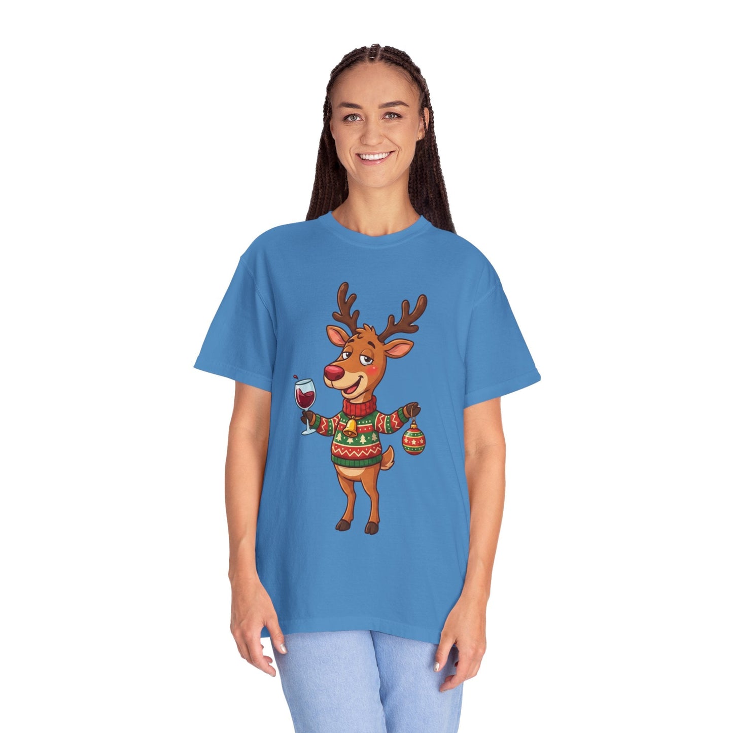 Holiday Cheer Unleashed: Festive Reindeer Illustration, Whimsical Christmas Character ArtT-Shirt – Custom T-Shirt by PixelCraft360, unique decoration for events and special gifts