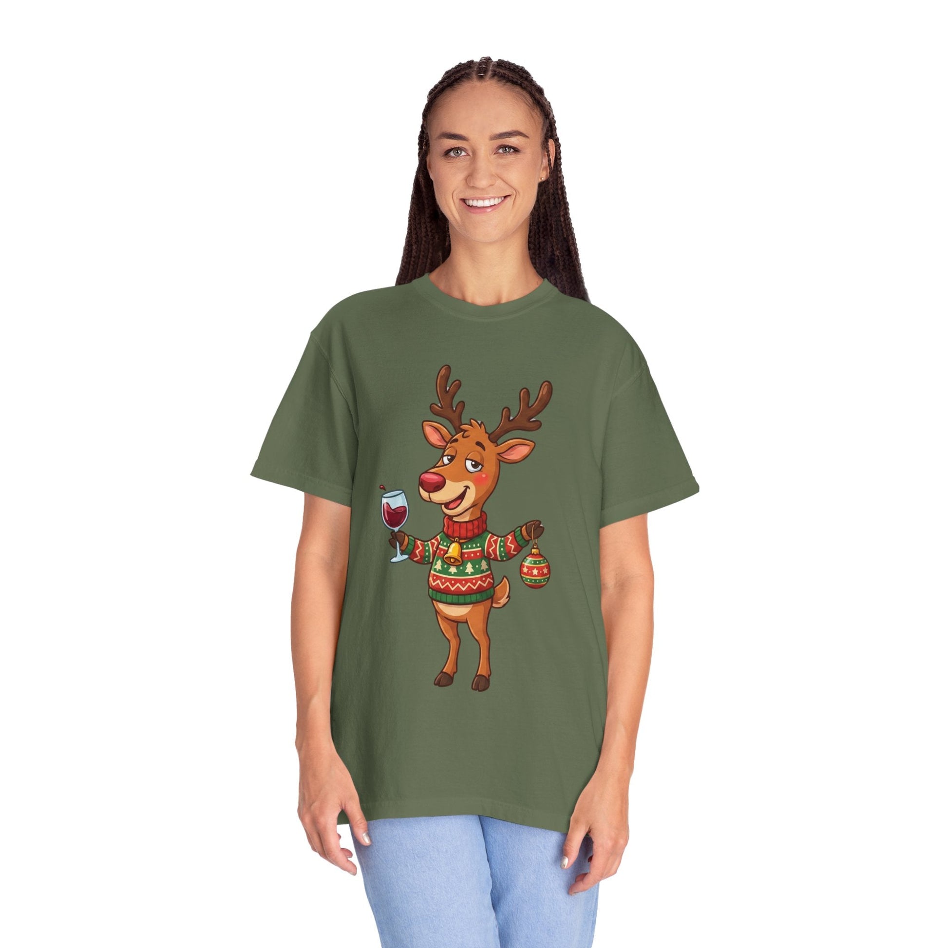 Holiday Cheer Unleashed: Festive Reindeer Illustration, Whimsical Christmas Character ArtT-Shirt – Custom T-Shirt by PixelCraft360, unique decoration for events and special gifts