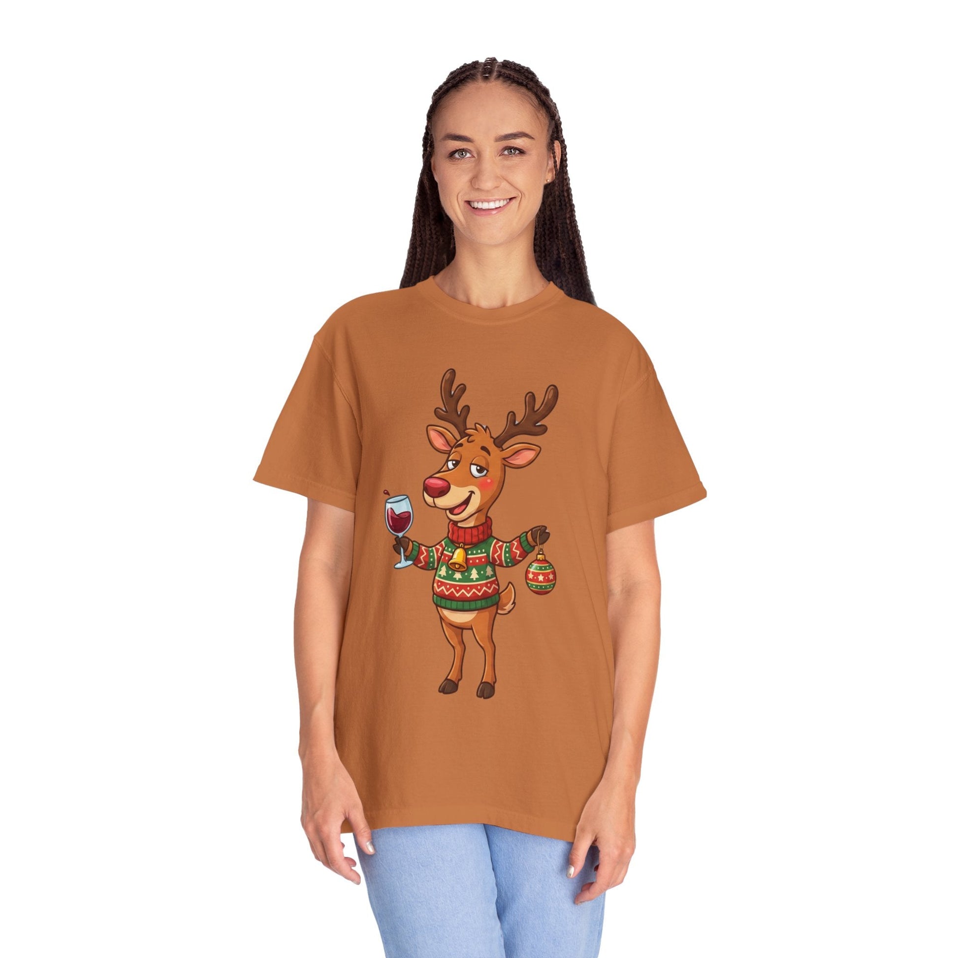 Holiday Cheer Unleashed: Festive Reindeer Illustration, Whimsical Christmas Character ArtT-Shirt – Custom T-Shirt by PixelCraft360, unique decoration for events and special gifts