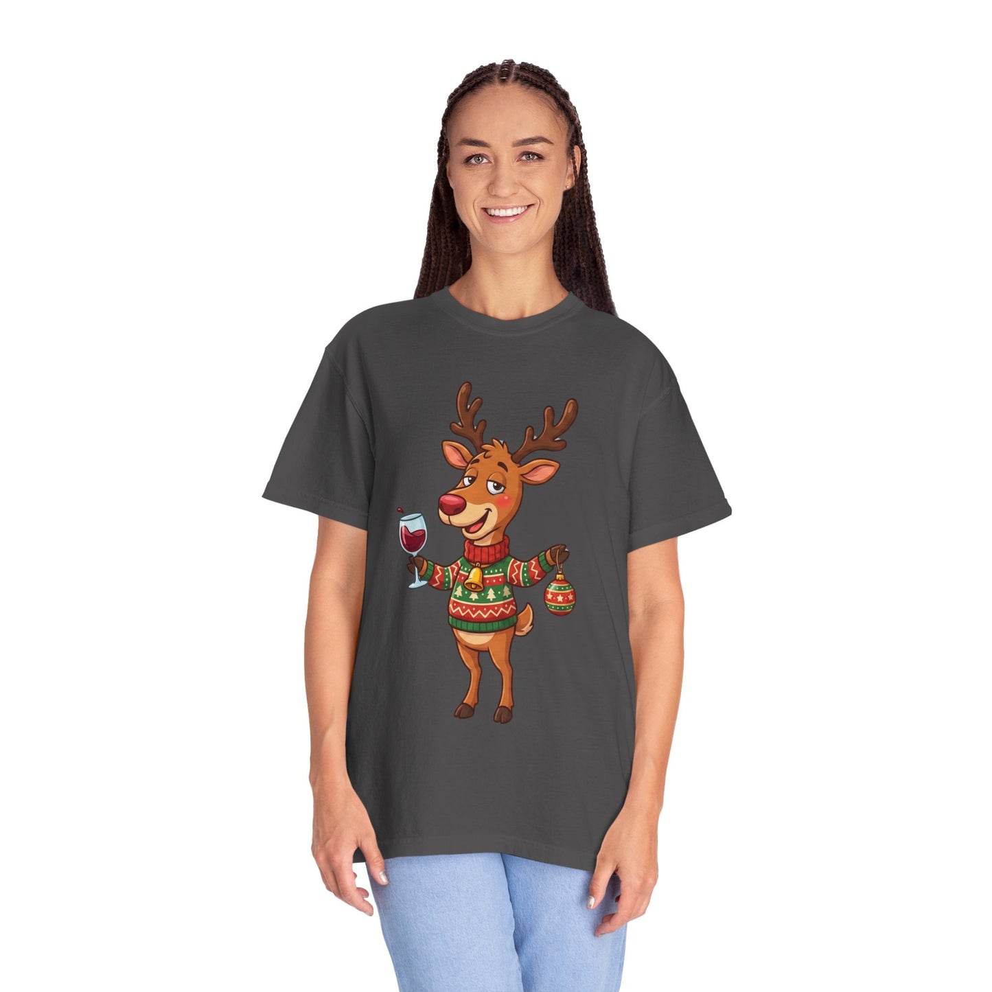 Holiday Cheer Unleashed: Festive Reindeer Illustration, Whimsical Christmas Character ArtT-Shirt – Custom T-Shirt by PixelCraft360, unique decoration for events and special gifts