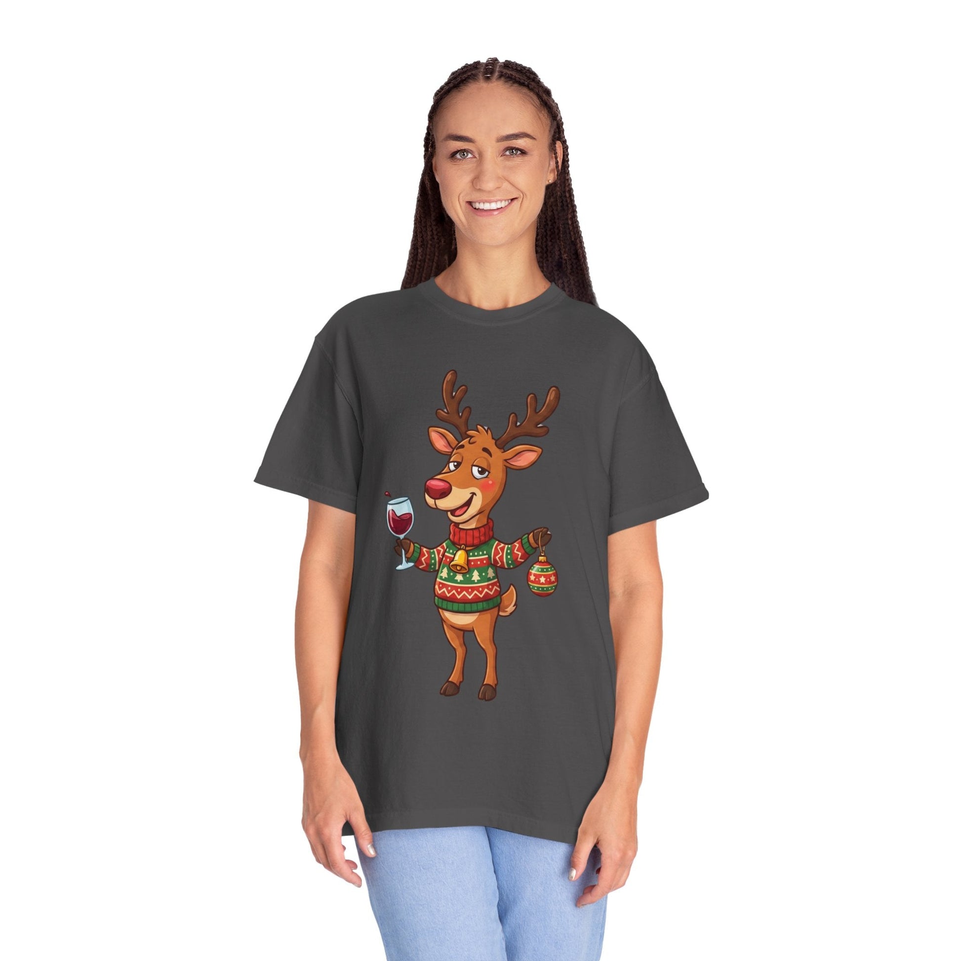 Holiday Cheer Unleashed: Festive Reindeer Illustration, Whimsical Christmas Character ArtT-Shirt – Custom T-Shirt by PixelCraft360, unique decoration for events and special gifts