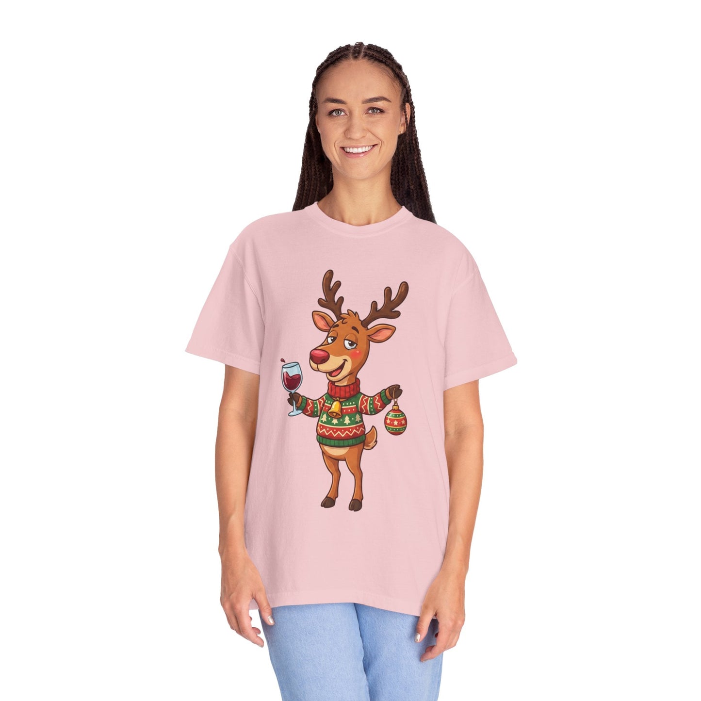 Holiday Cheer Unleashed: Festive Reindeer Illustration, Whimsical Christmas Character ArtT-Shirt – Custom T-Shirt by PixelCraft360, unique decoration for events and special gifts