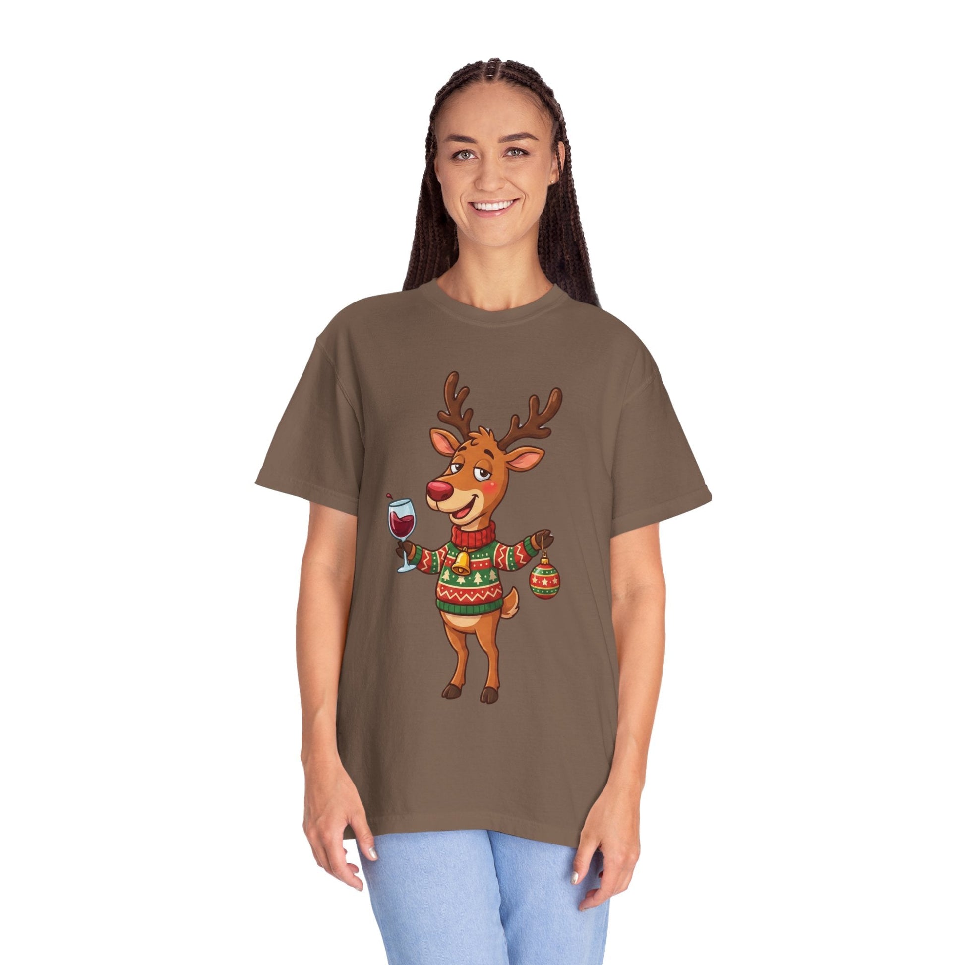 Holiday Cheer Unleashed: Festive Reindeer Illustration, Whimsical Christmas Character ArtT-Shirt – Custom T-Shirt by PixelCraft360, unique decoration for events and special gifts