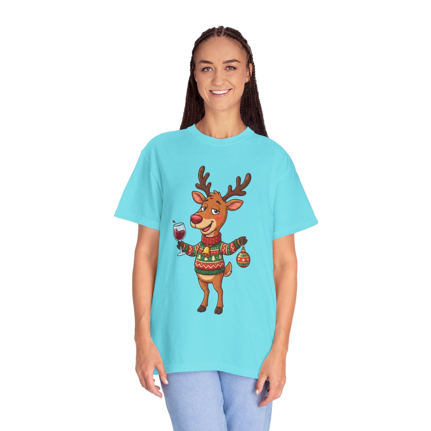 Holiday Cheer Unleashed: Festive Reindeer Illustration, Whimsical Christmas Character ArtT-Shirt – Custom T-Shirt by PixelCraft360, unique decoration for events and special gifts