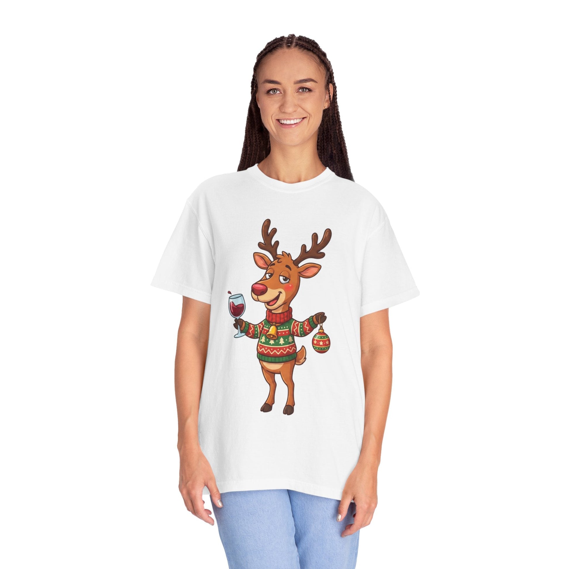 Holiday Cheer Unleashed: Festive Reindeer Illustration, Whimsical Christmas Character ArtT-Shirt – Custom T-Shirt by PixelCraft360, unique decoration for events and special gifts