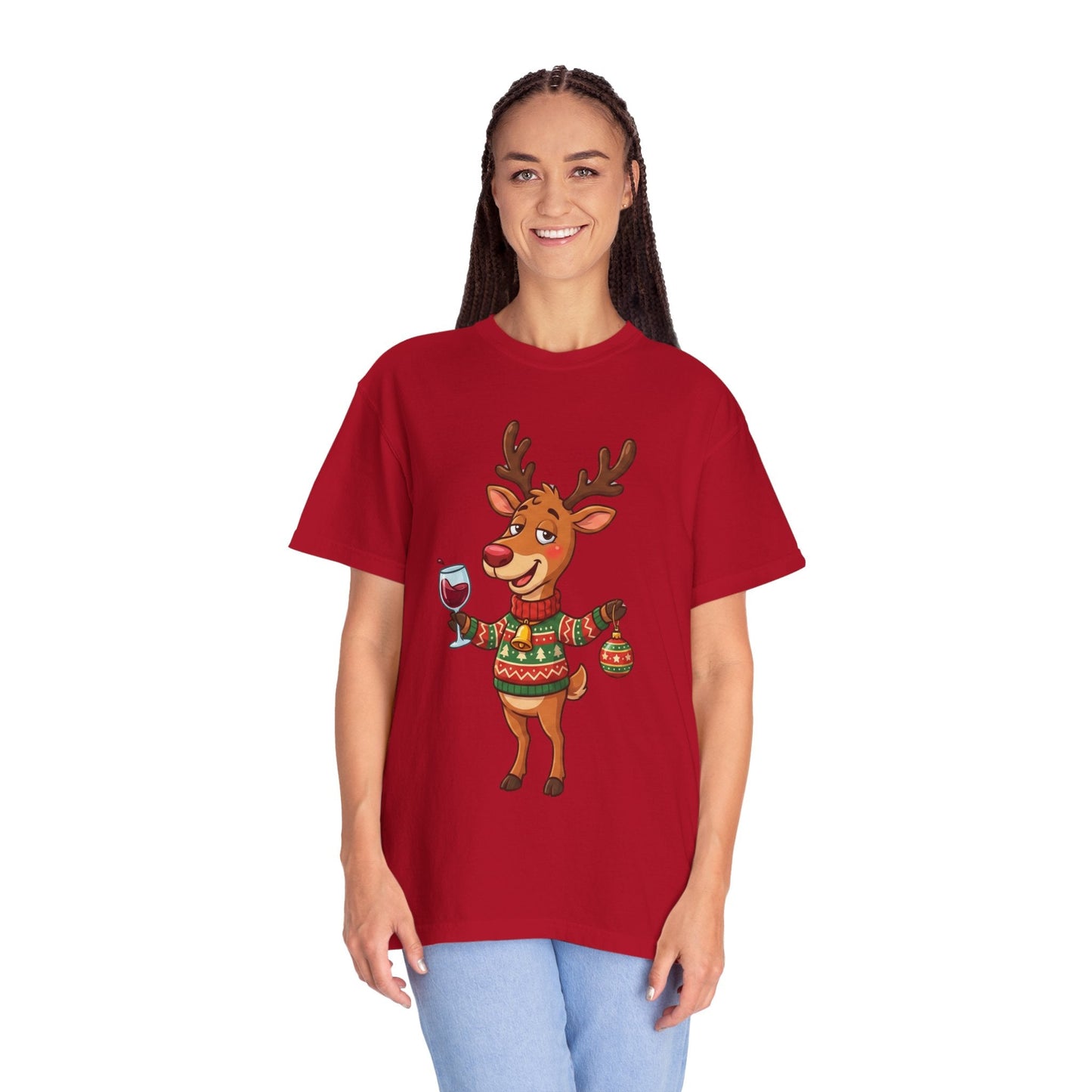 Holiday Cheer Unleashed: Festive Reindeer Illustration, Whimsical Christmas Character ArtT-Shirt – Custom T-Shirt by PixelCraft360, unique decoration for events and special gifts