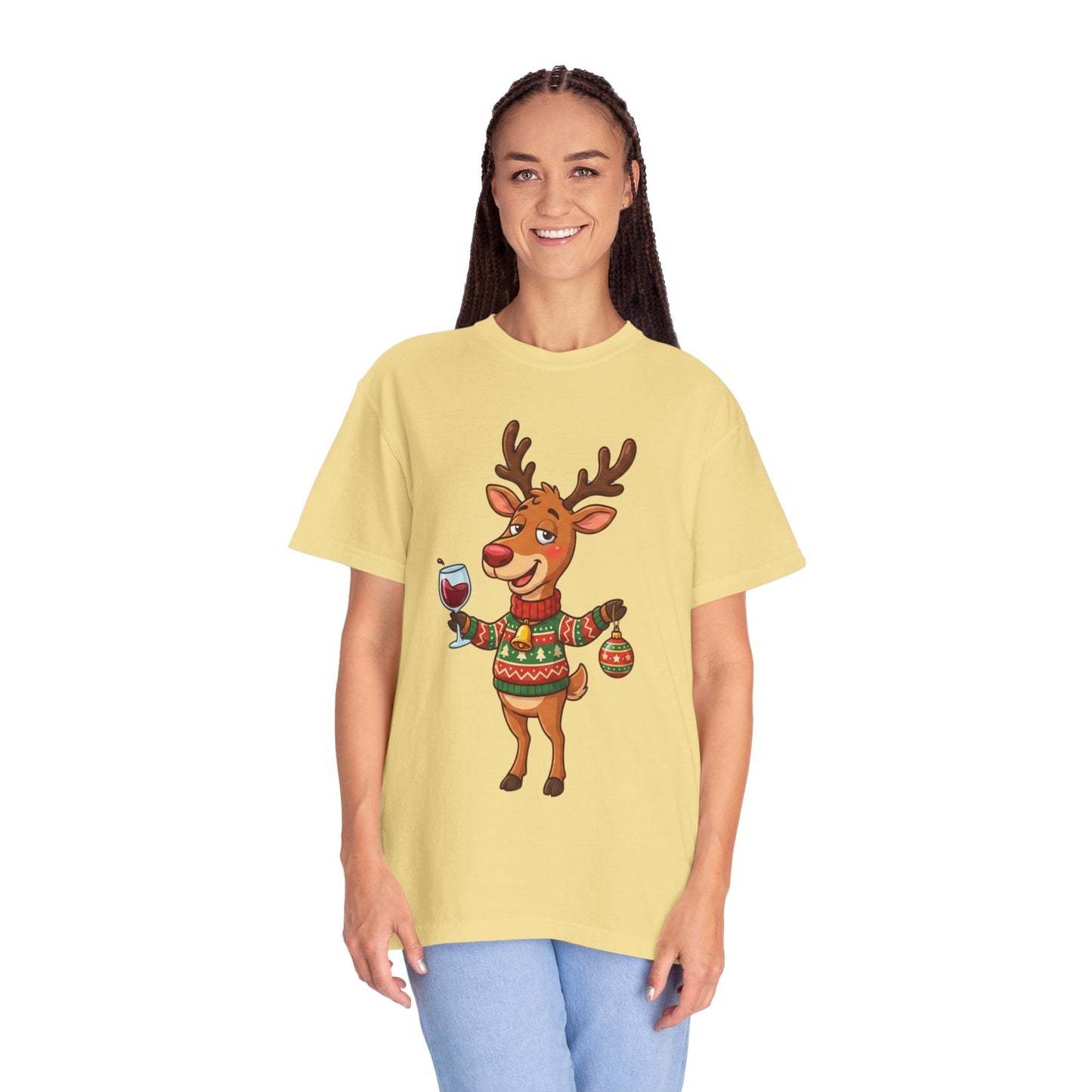 Holiday Cheer Unleashed: Festive Reindeer Illustration, Whimsical Christmas Character ArtT-Shirt – Custom T-Shirt by PixelCraft360, unique decoration for events and special gifts