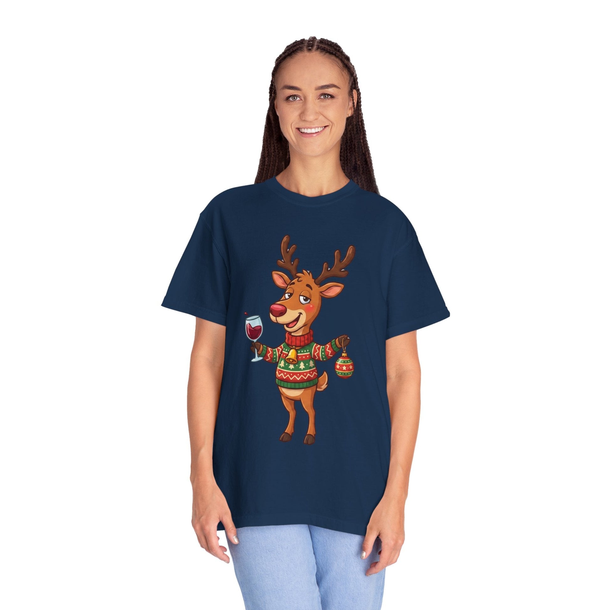 Holiday Cheer Unleashed: Festive Reindeer Illustration, Whimsical Christmas Character ArtT-Shirt – Custom T-Shirt by PixelCraft360, unique decoration for events and special gifts