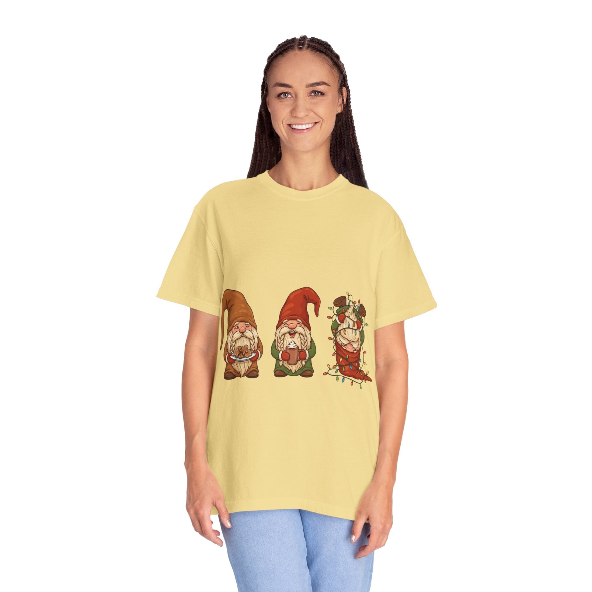 Holiday Gnome Gathering: Festive Folklore Illustration, Whimsical Cartoon Christmas CharmT-Shirt – Custom T-Shirt by PixelCraft360, unique decoration for events and special gifts