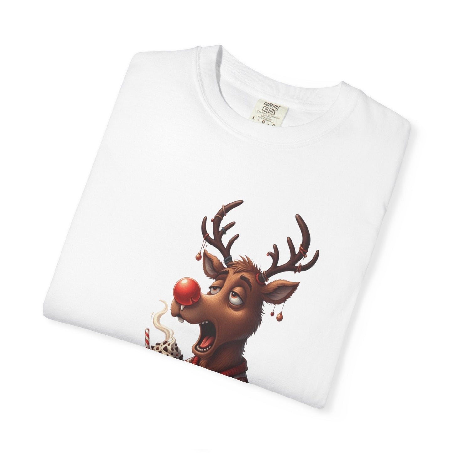Holiday Hustle: Festive Reindeer Fatigue, Digital Christmas Illustration T-shirt – Custom T-Shirt by PixelCraft360, unique decoration for events and special gifts