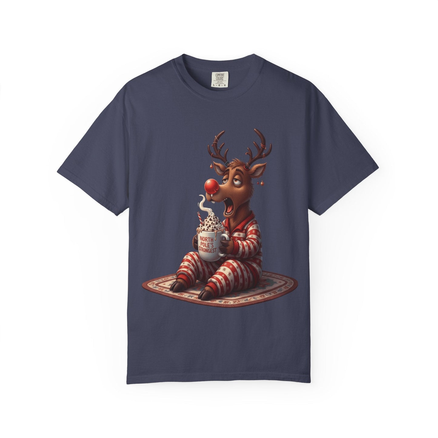 Holiday Hustle: Festive Reindeer Fatigue, Digital Christmas Illustration T-shirt – Custom T-Shirt by PixelCraft360, unique decoration for events and special gifts