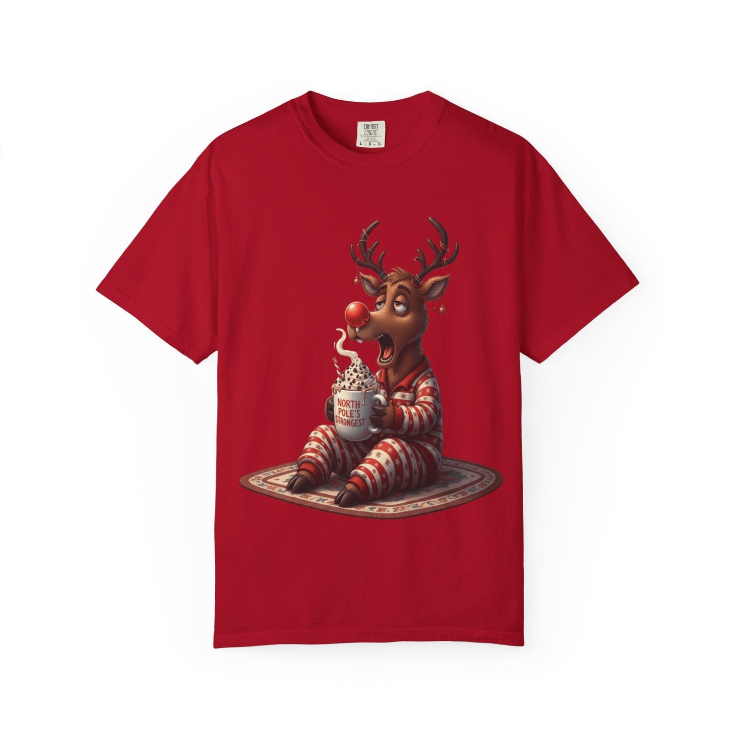 Holiday Hustle: Festive Reindeer Fatigue, Digital Christmas Illustration T-shirt – Custom T-Shirt by PixelCraft360, unique decoration for events and special gifts