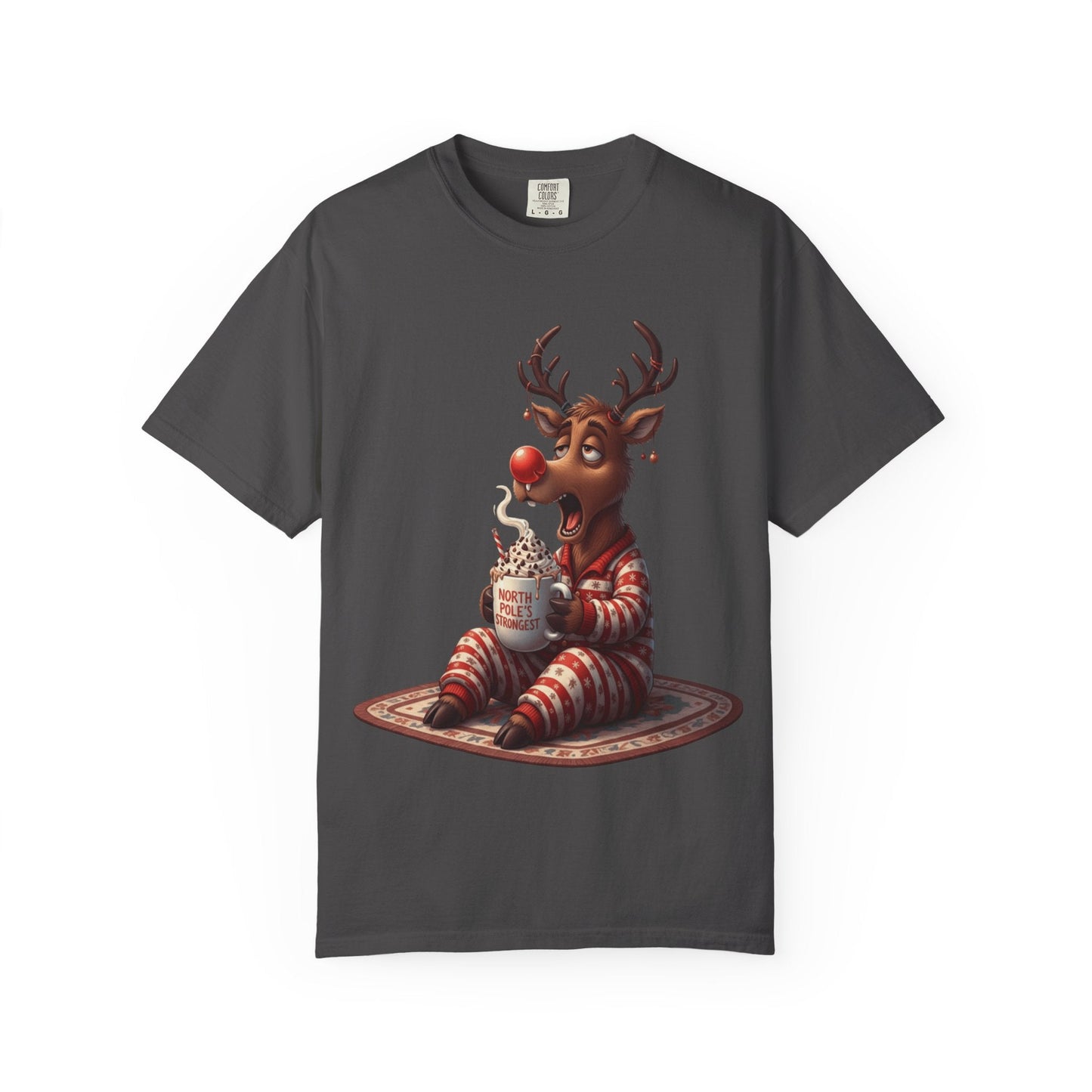 Holiday Hustle: Festive Reindeer Fatigue, Digital Christmas Illustration T-shirt – Custom T-Shirt by PixelCraft360, unique decoration for events and special gifts