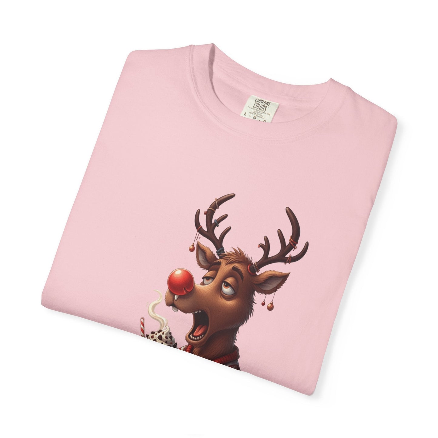 Holiday Hustle: Festive Reindeer Fatigue, Digital Christmas Illustration T-shirt – Custom T-Shirt by PixelCraft360, unique decoration for events and special gifts
