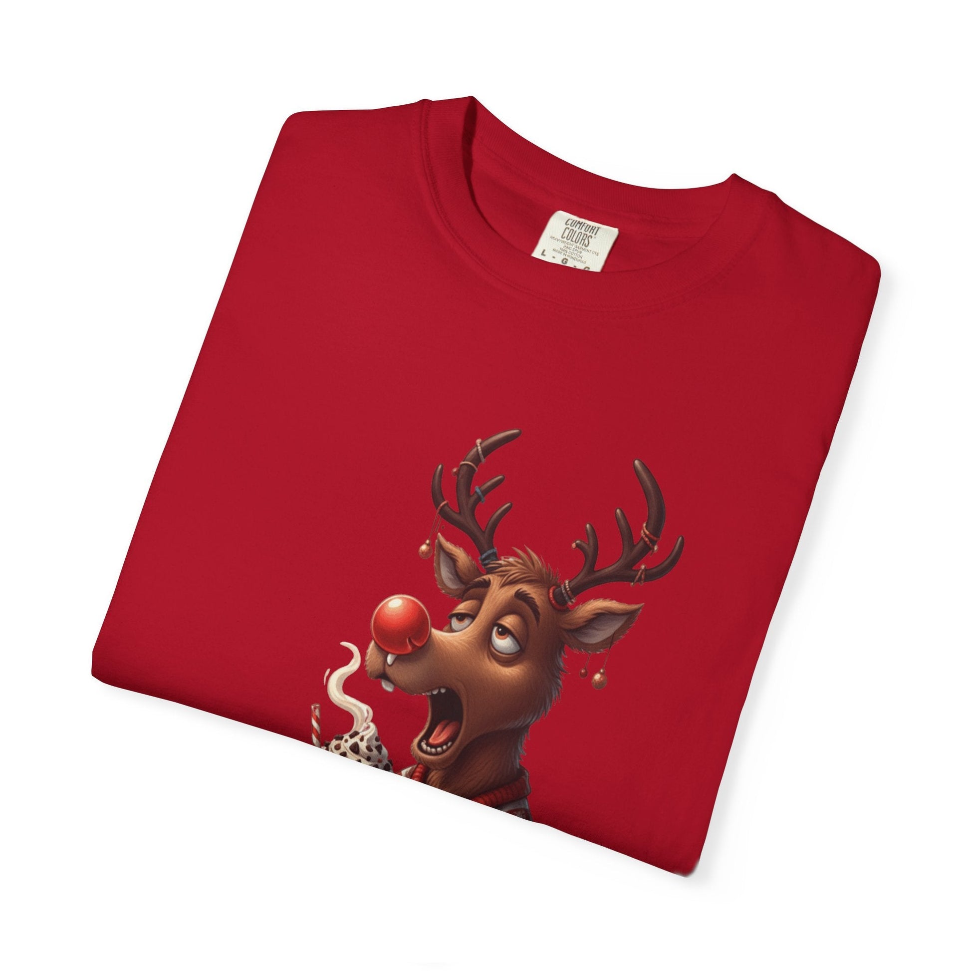 Holiday Hustle: Festive Reindeer Fatigue, Digital Christmas Illustration T-shirt – Custom T-Shirt by PixelCraft360, unique decoration for events and special gifts