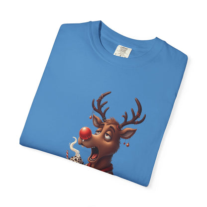Holiday Hustle: Festive Reindeer Fatigue, Digital Christmas Illustration T-shirt – Custom T-Shirt by PixelCraft360, unique decoration for events and special gifts