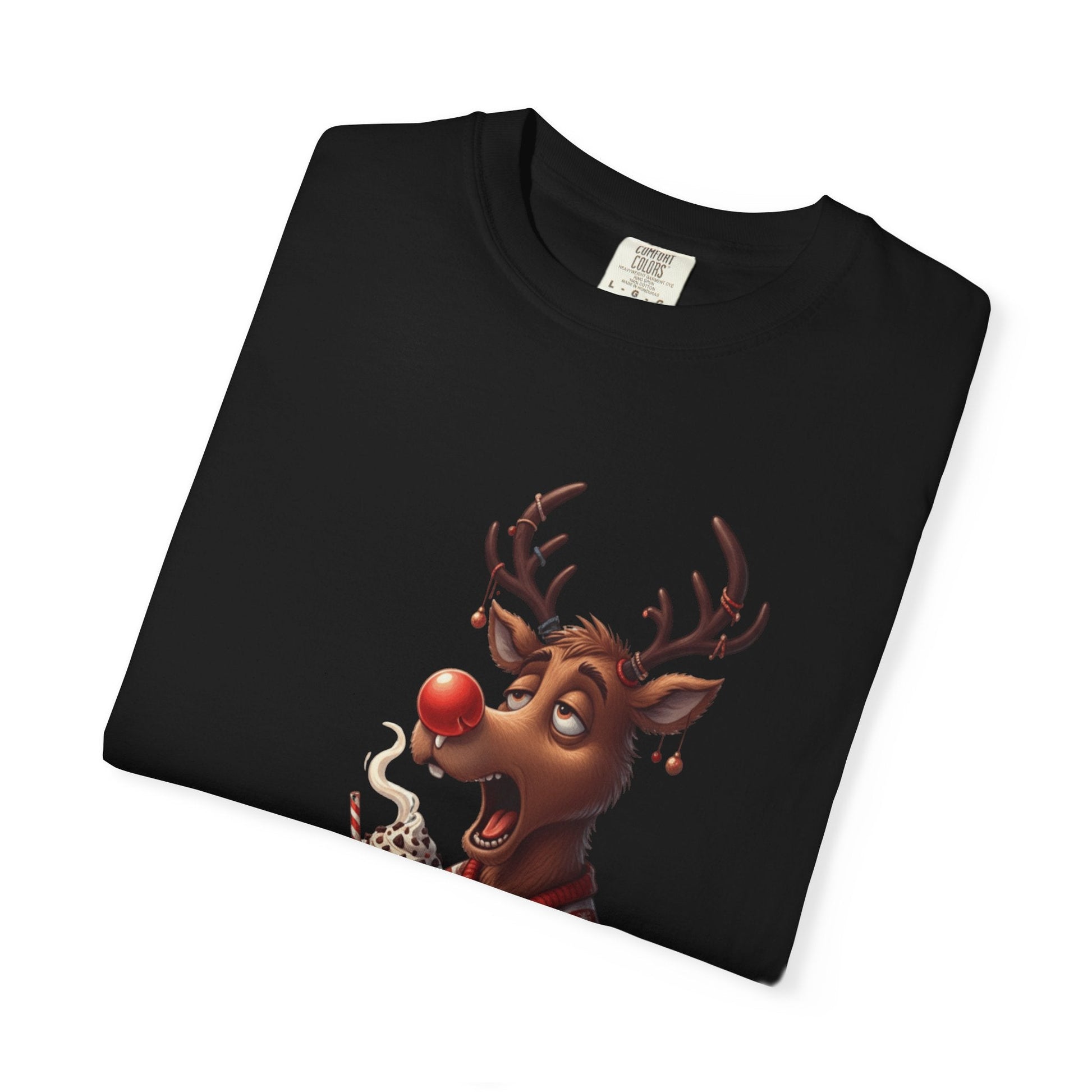 Holiday Hustle: Festive Reindeer Fatigue, Digital Christmas Illustration T-shirt – Custom T-Shirt by PixelCraft360, unique decoration for events and special gifts