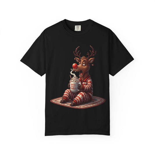 Holiday Hustle: Festive Reindeer Fatigue, Digital Christmas Illustration T-shirt – Custom T-Shirt by PixelCraft360, unique decoration for events and special gifts