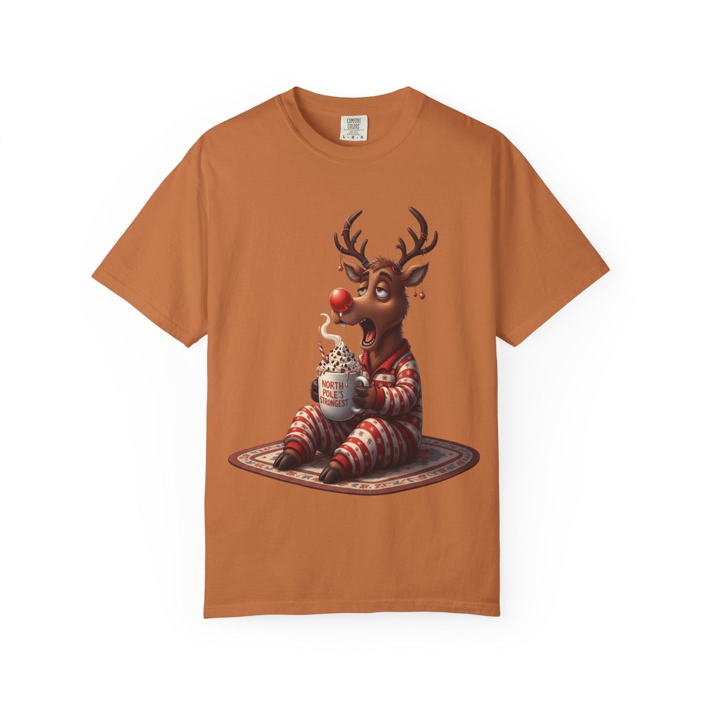 Holiday Hustle: Festive Reindeer Fatigue, Digital Christmas Illustration T-shirt – Custom T-Shirt by PixelCraft360, unique decoration for events and special gifts