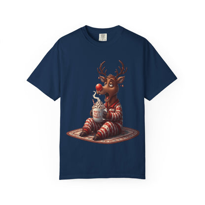 Holiday Hustle: Festive Reindeer Fatigue, Digital Christmas Illustration T-shirt – Custom T-Shirt by PixelCraft360, unique decoration for events and special gifts