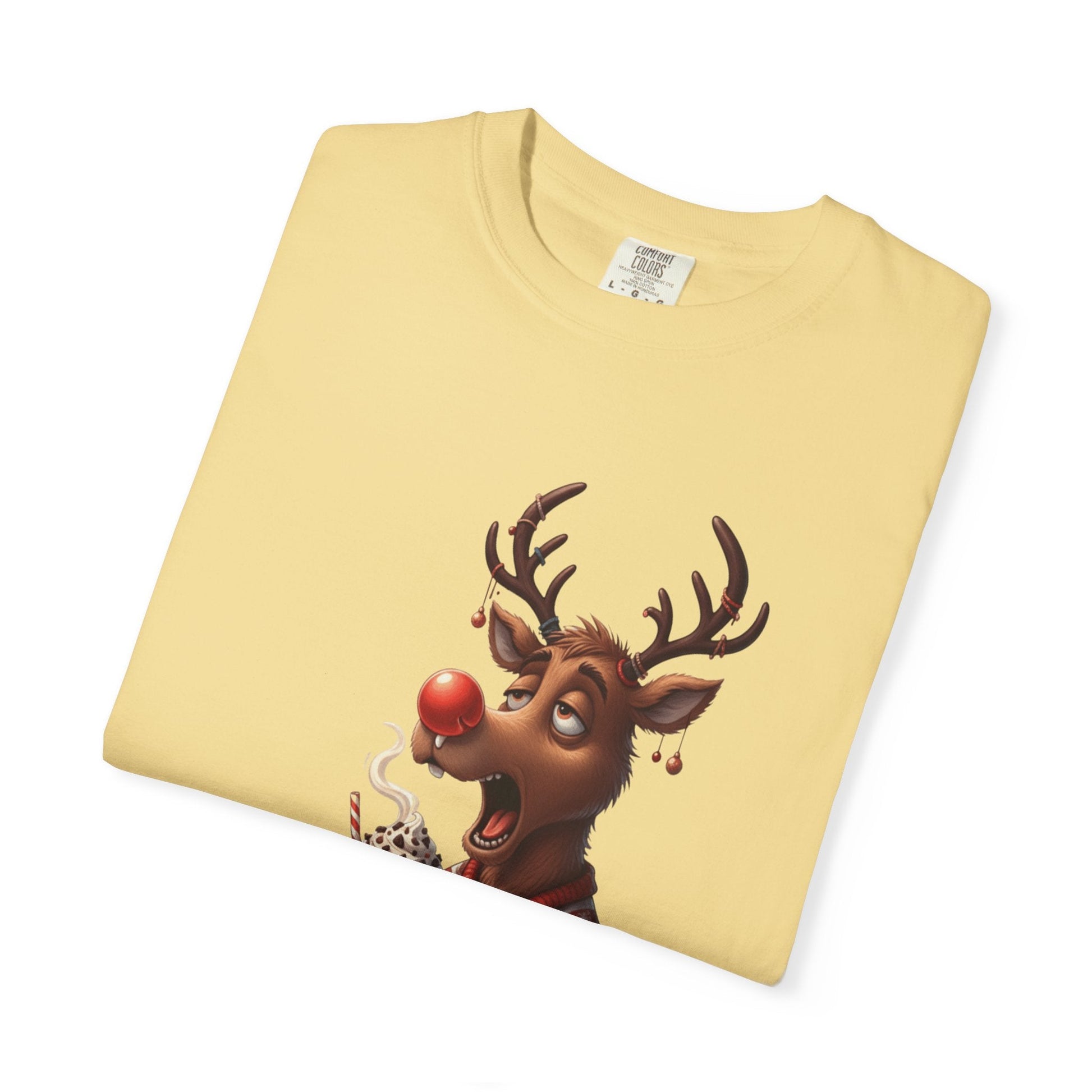 Holiday Hustle: Festive Reindeer Fatigue, Digital Christmas Illustration T-shirt – Custom T-Shirt by PixelCraft360, unique decoration for events and special gifts