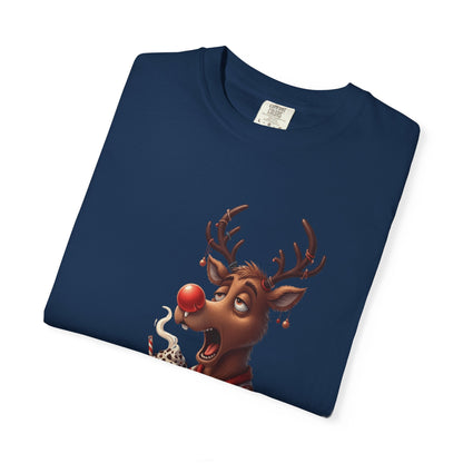 Holiday Hustle: Festive Reindeer Fatigue, Digital Christmas Illustration T-shirt – Custom T-Shirt by PixelCraft360, unique decoration for events and special gifts