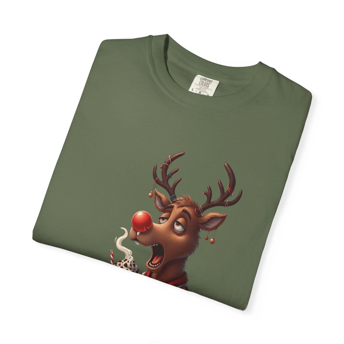 Holiday Hustle: Festive Reindeer Fatigue, Digital Christmas Illustration T-shirt – Custom T-Shirt by PixelCraft360, unique decoration for events and special gifts