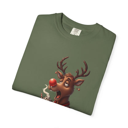 Holiday Hustle: Festive Reindeer Fatigue, Digital Christmas Illustration T-shirt – Custom T-Shirt by PixelCraft360, unique decoration for events and special gifts