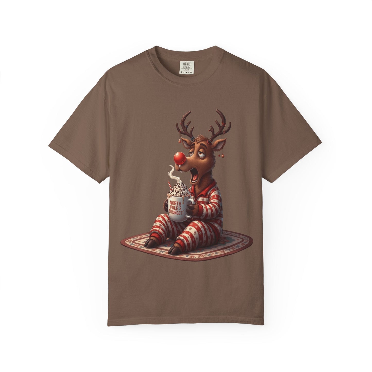 Holiday Hustle: Festive Reindeer Fatigue, Digital Christmas Illustration T-shirt – Custom T-Shirt by PixelCraft360, unique decoration for events and special gifts