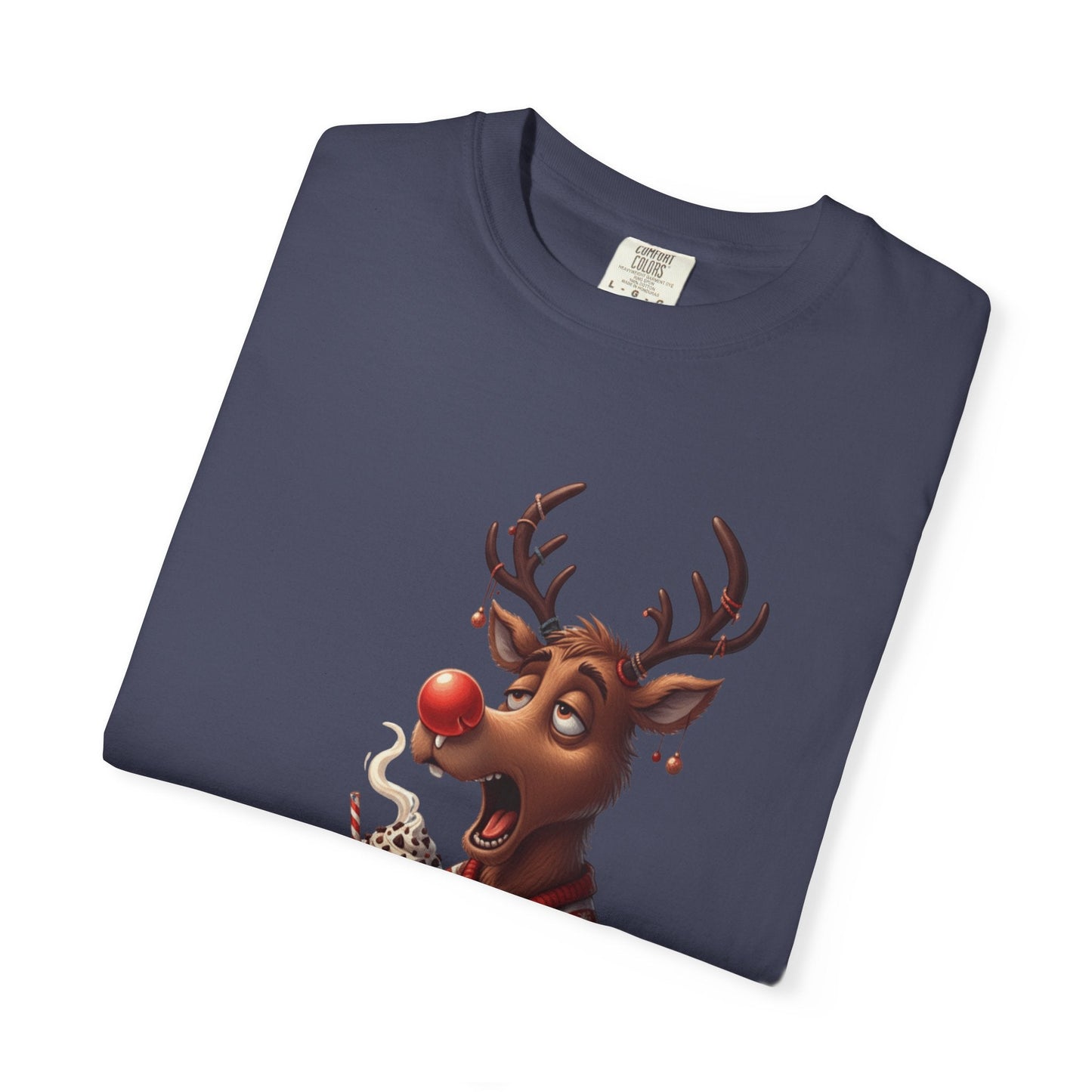 Holiday Hustle: Festive Reindeer Fatigue, Digital Christmas Illustration T-shirt – Custom T-Shirt by PixelCraft360, unique decoration for events and special gifts