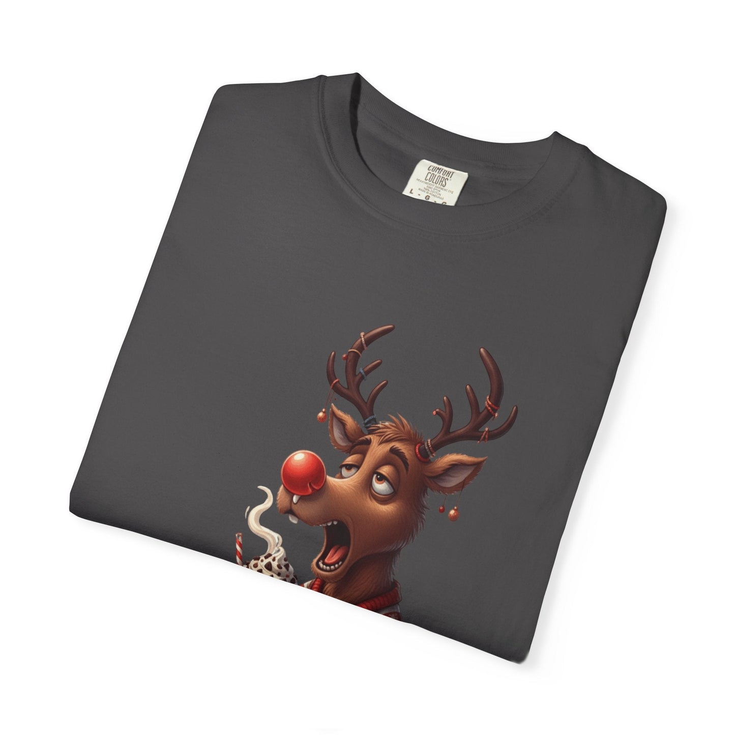 Holiday Hustle: Festive Reindeer Fatigue, Digital Christmas Illustration T-shirt – Custom T-Shirt by PixelCraft360, unique decoration for events and special gifts