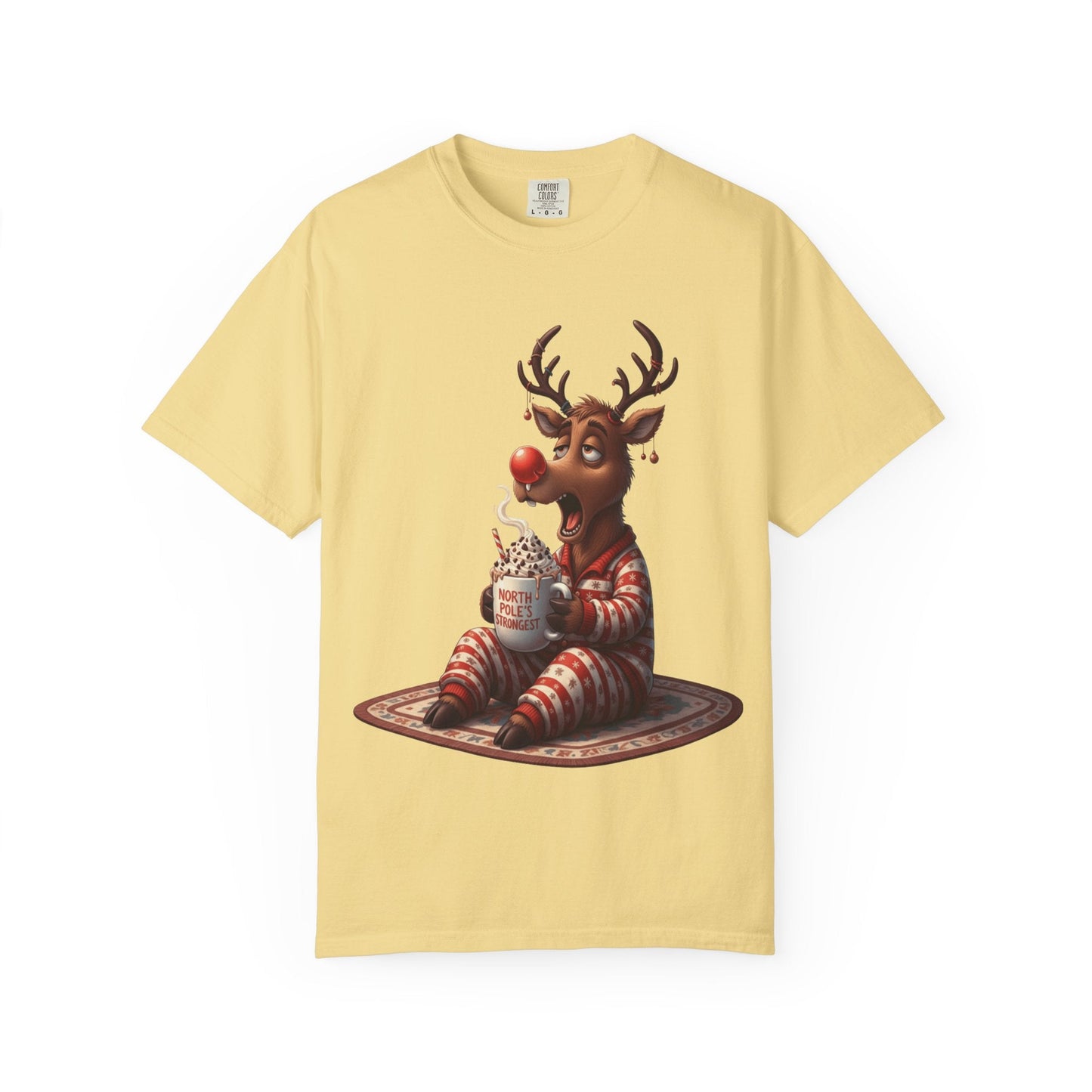 Holiday Hustle: Festive Reindeer Fatigue, Digital Christmas Illustration T-shirt – Custom T-Shirt by PixelCraft360, unique decoration for events and special gifts