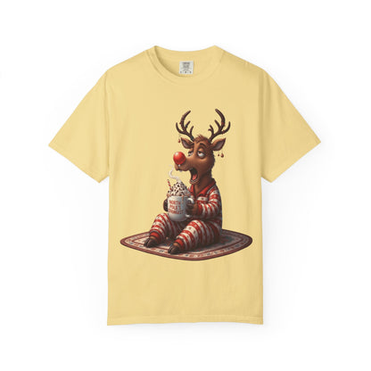 Holiday Hustle: Festive Reindeer Fatigue, Digital Christmas Illustration T-shirt – Custom T-Shirt by PixelCraft360, unique decoration for events and special gifts