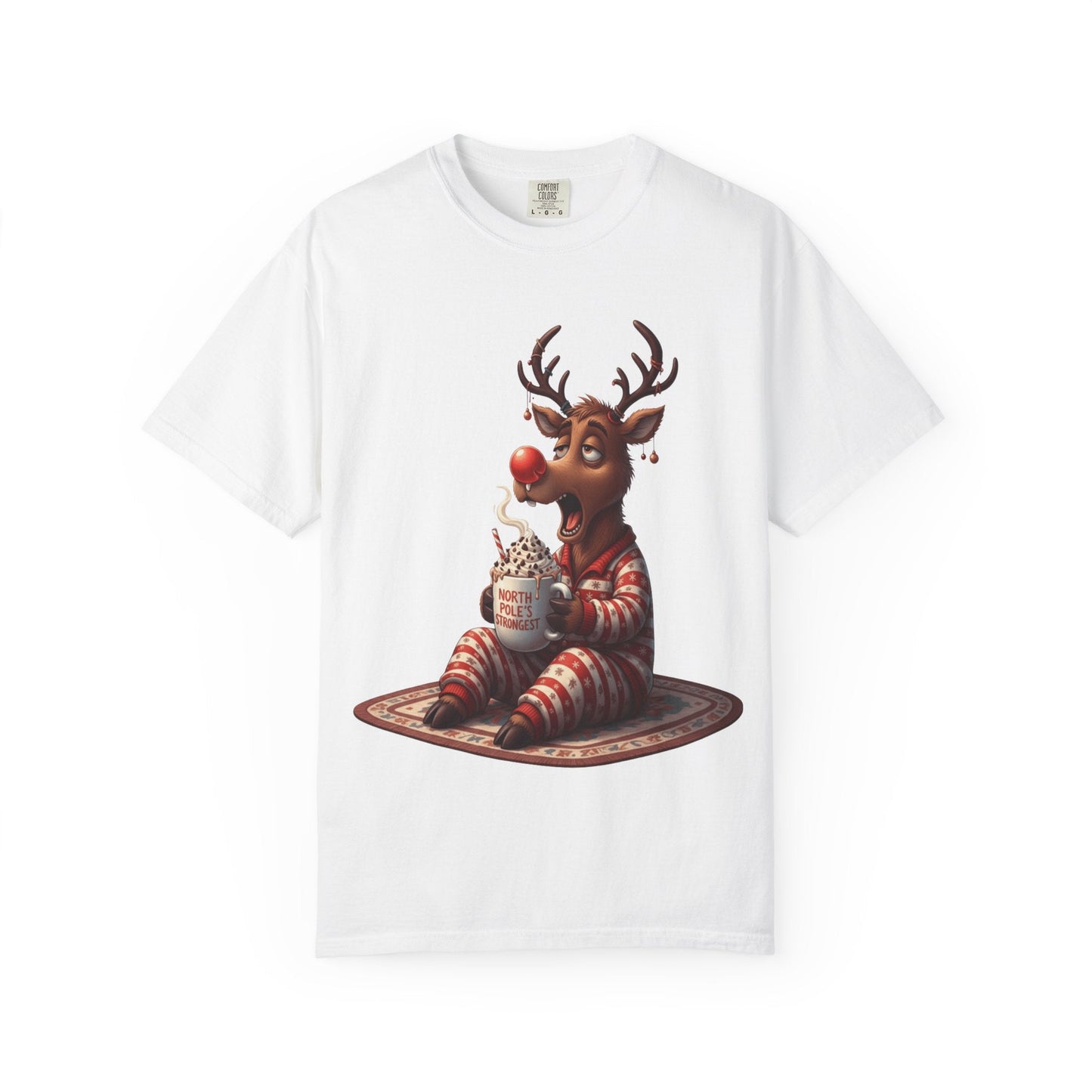 Holiday Hustle: Festive Reindeer Fatigue, Digital Christmas Illustration T-shirt – Custom T-Shirt by PixelCraft360, unique decoration for events and special gifts