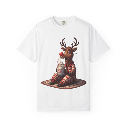Holiday Hustle: Festive Reindeer Fatigue, Digital Christmas Illustration T-shirt – Custom T-Shirt by PixelCraft360, unique decoration for events and special gifts