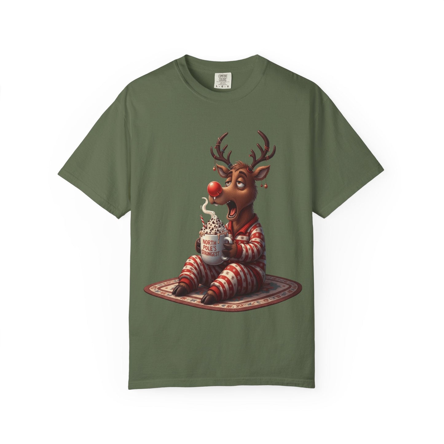 Holiday Hustle: Festive Reindeer Fatigue, Digital Christmas Illustration T-shirt – Custom T-Shirt by PixelCraft360, unique decoration for events and special gifts