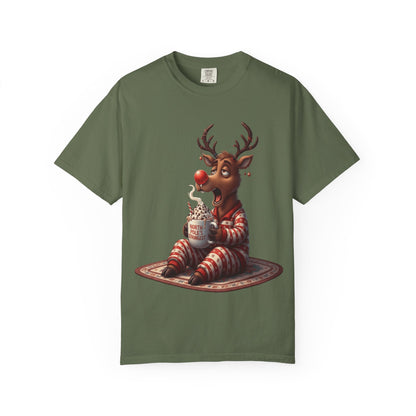 Holiday Hustle: Festive Reindeer Fatigue, Digital Christmas Illustration T-shirt – Custom T-Shirt by PixelCraft360, unique decoration for events and special gifts
