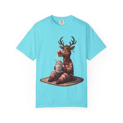 Holiday Hustle: Festive Reindeer Fatigue, Digital Christmas Illustration T-shirt – Custom T-Shirt by PixelCraft360, unique decoration for events and special gifts