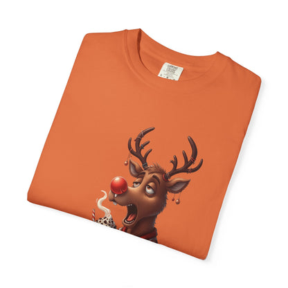 Holiday Hustle: Festive Reindeer Fatigue, Digital Christmas Illustration T-shirt – Custom T-Shirt by PixelCraft360, unique decoration for events and special gifts