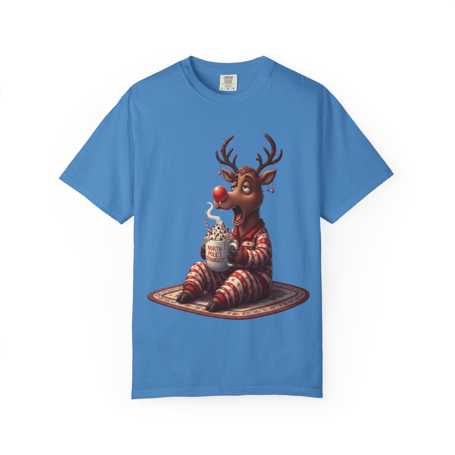 Holiday Hustle: Festive Reindeer Fatigue, Digital Christmas Illustration T-shirt – Custom T-Shirt by PixelCraft360, unique decoration for events and special gifts