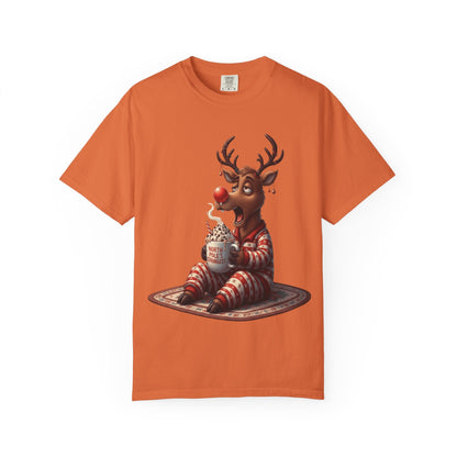 Holiday Hustle: Festive Reindeer Fatigue, Digital Christmas Illustration T-shirt – Custom T-Shirt by PixelCraft360, unique decoration for events and special gifts